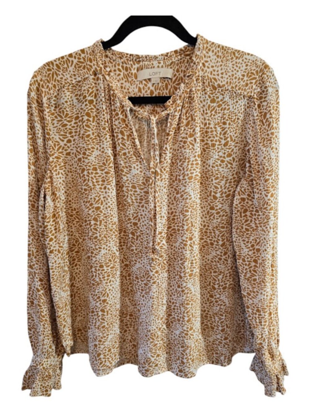 Rayon animal print camel white long sleeve top Loft front tie Small